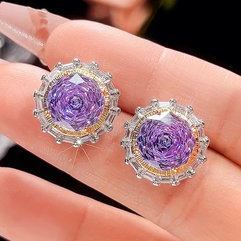 Gemfiori Luxury Round Violet Fashion Personality Atmosphere Pattern Flower Feminine Elegance Purple Zircon Jewelry Set