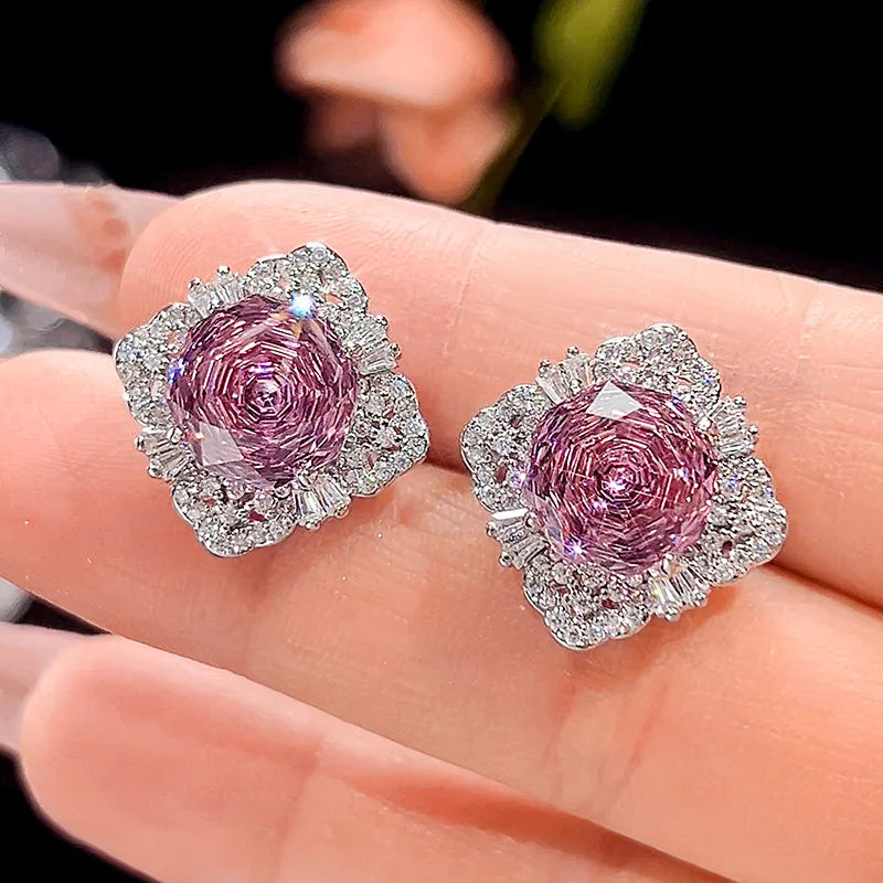 Gemfiori Luxurious Exquisite Flower Design Engagement Necklace Ring Earring Jewelry Luxurious Anniversary Gift Copper Gold-plated Set