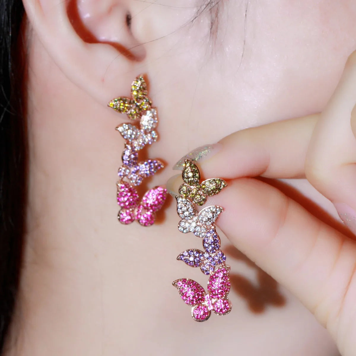 S&S Colourful Butterfly Micro Pavé CZ Dangle Drop Earrings – Rose Gold – 925 Silver Pin – Collection