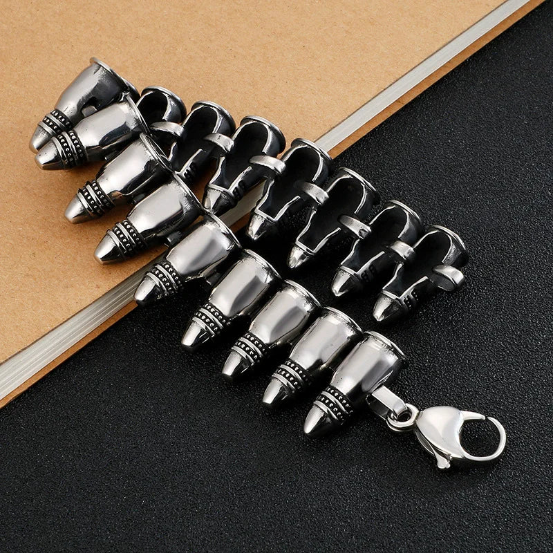 Punk Retro Bullets Head Chain Bracelet Titanium Steel Charm Bracelets for Men Military Soldier Souvenir Gift for Anniversaries