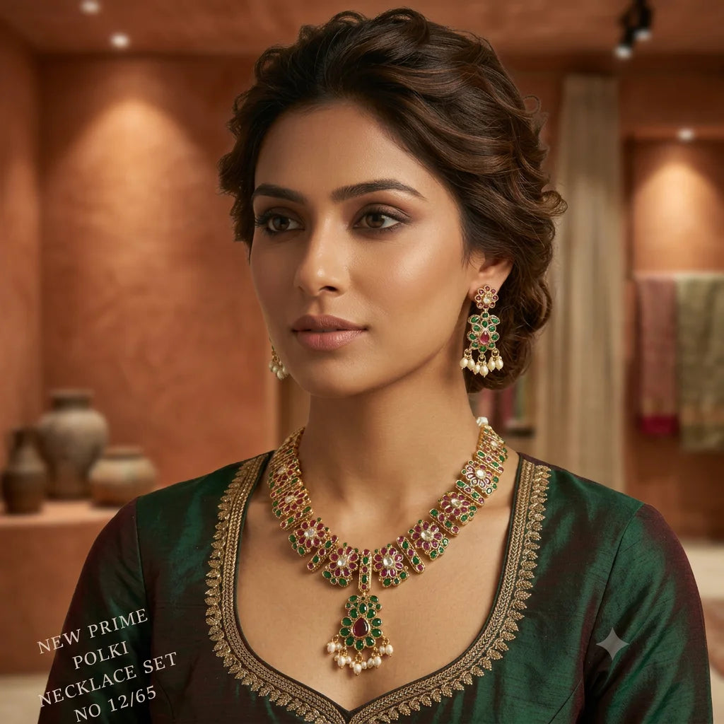 Luxury Polki Necklace Set Gold Plated Bridal Jewelry Stone Wedding Necklace Earrings Pearl Drop Premium Collection