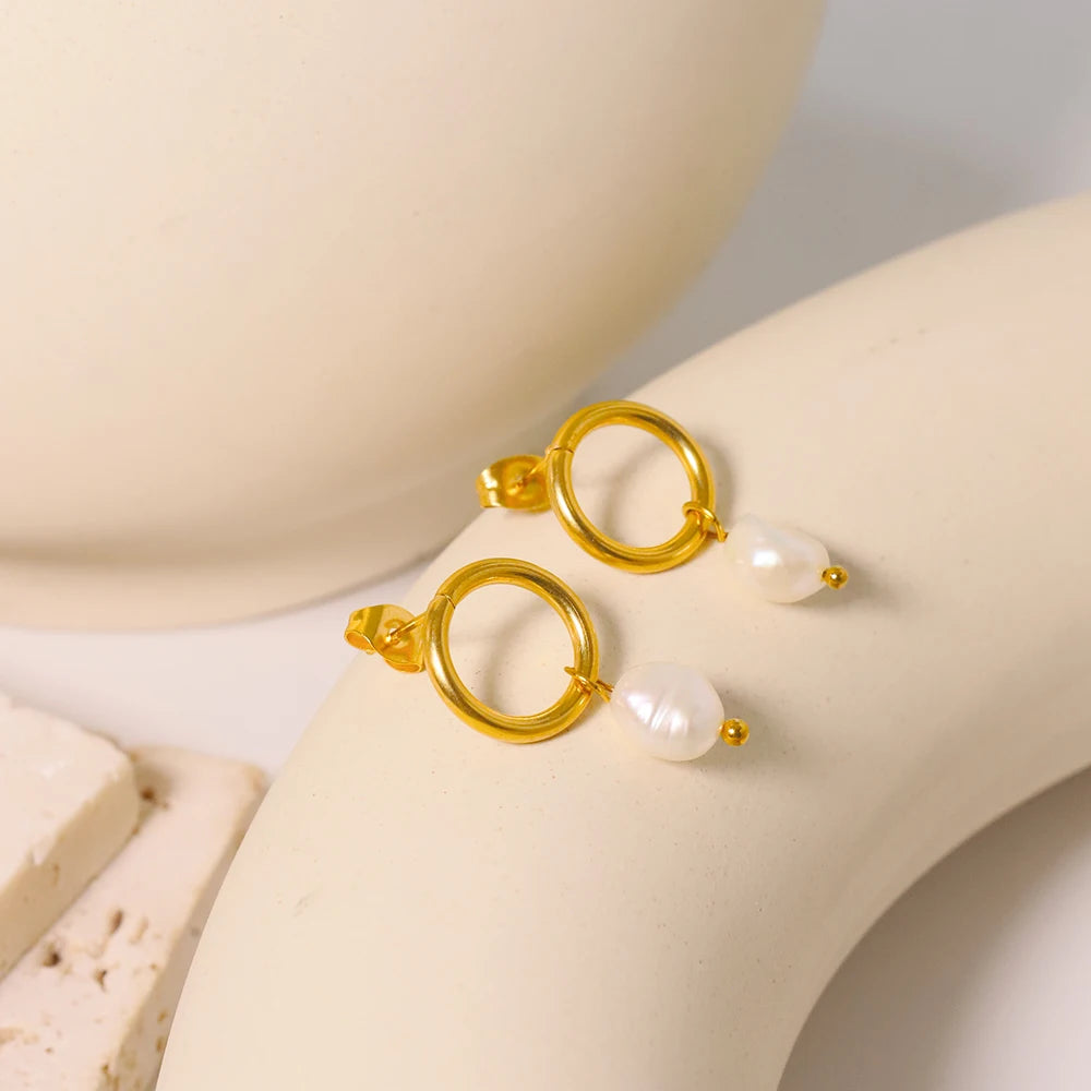 Hypoallergenic Stainless Steel 18K Gold Plated Earrings Freshwater Pearls Baroque Knot Dangling Hoop Earrings for Girls
