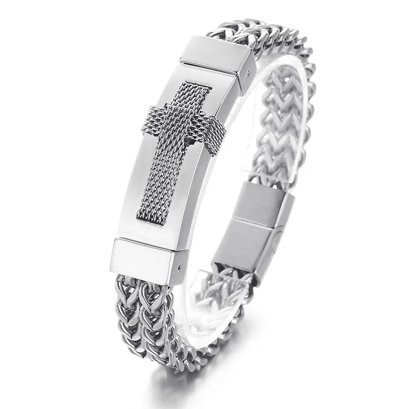KALEN Men 220mm Silver/Gold/Black Stainless Steel Vintage Herringbone Bracelet With Cross Charm