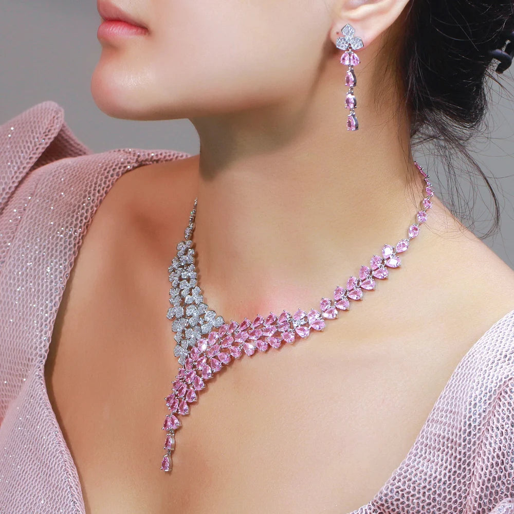 Elegant Shimmering Pink White Water Drop Cubic Zircon Long Earrings and Necklace Bridal Wedding Party Jewelry Set for Women
