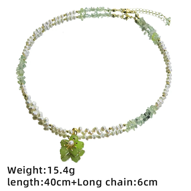 GLSEEVO Natural Freshwater Pearl & Green Jade Flower Jewellery Set — Necklace, Earrings & Ring
