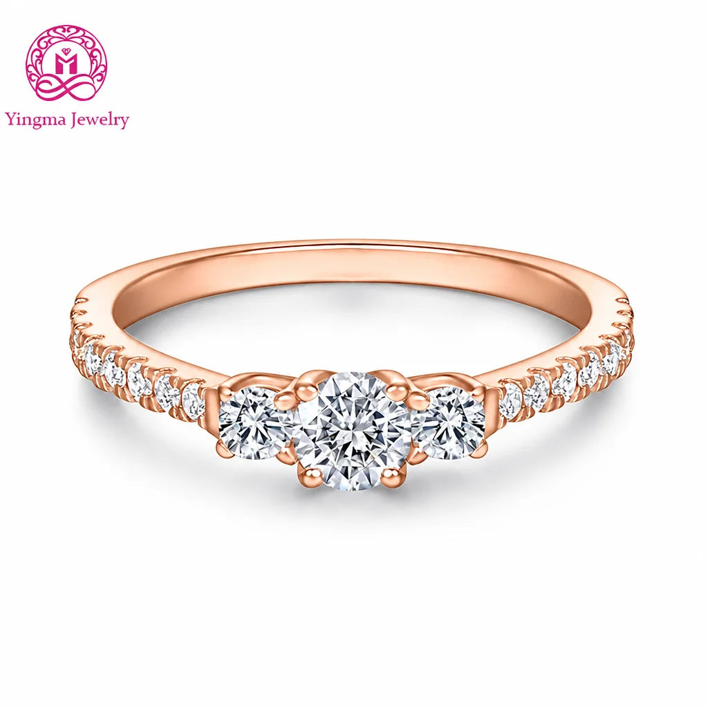 Gioiellieri Three Stone Round Brilliant Lab Grown Diamond Ring DEF VVS 4mm 9K 10K 14K 18K White/Yellow/Rose Gold Women Fine Fashion Jewelry