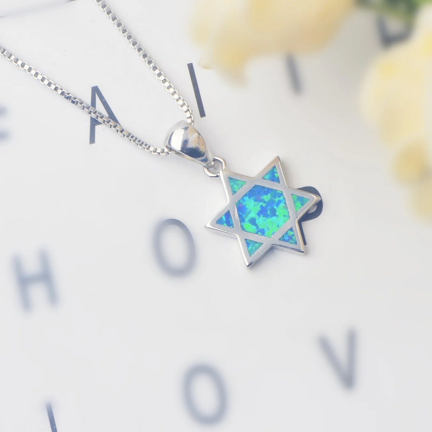 Bulk Jewish Star of David Brass Box Chain Necklaces Blue Opal Inlay Bohemian Plant Design Party Fashion Jewelry for Resellers