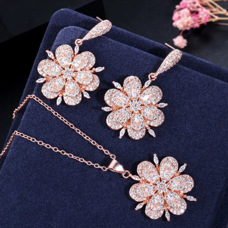 High Quality 3D Design Chic CZ Zirconia Crystal Rose Gold Color Flower Drop Earrings and Necklace Women Engagement Jewelry Sets