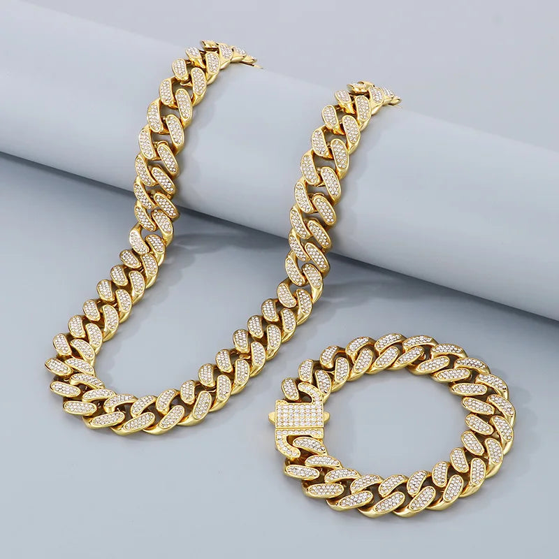 S&S 2PCS/SET European and American Stainless Steel Hip-hop Full Diamond Cuban Chain Stainless Steel Men's Necklace Bracelet Set 2
