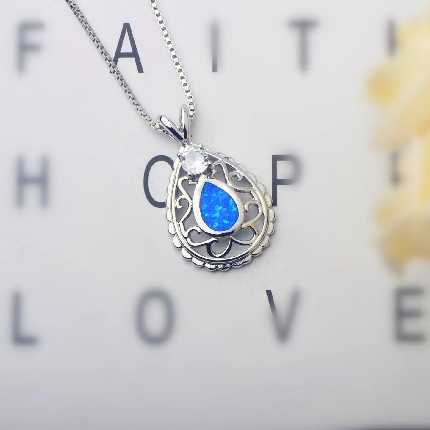 Aobao Women's Geometric Copper Alloy Silver Plated Christian Opal Blue Water Drop Necklace Chains Jewelry Gift Inlaid Opal