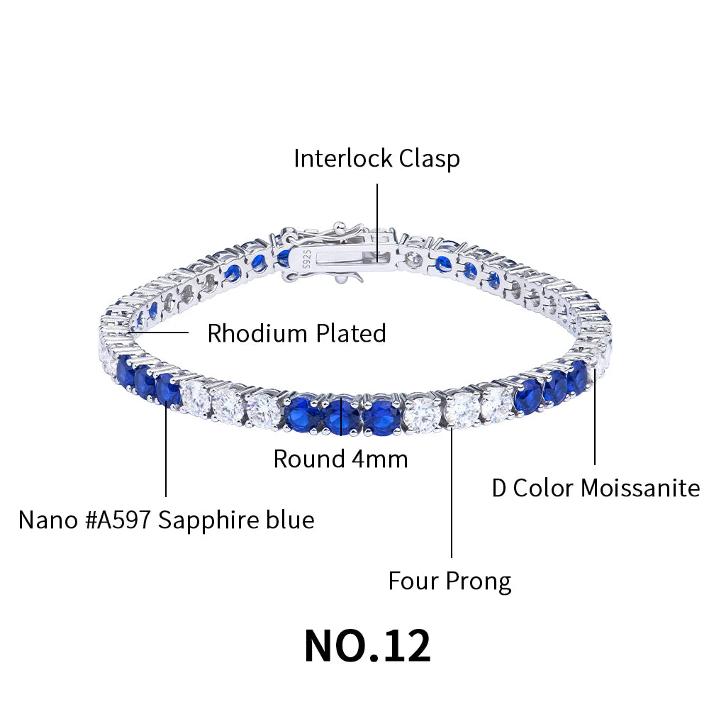 ArtistA Blue pink Black Green Women Fine Jewelry Gra 925 Sterling Silver Vvs Color Moissanite Diamond Tennis Chain Bracelet & Bangles