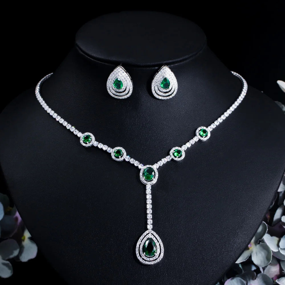 Top Quality Water Drop Emerald Green Cubic Zirconia Women Jewelry Set for Wedding Party Bridesmaid Gift Engagement Accessories