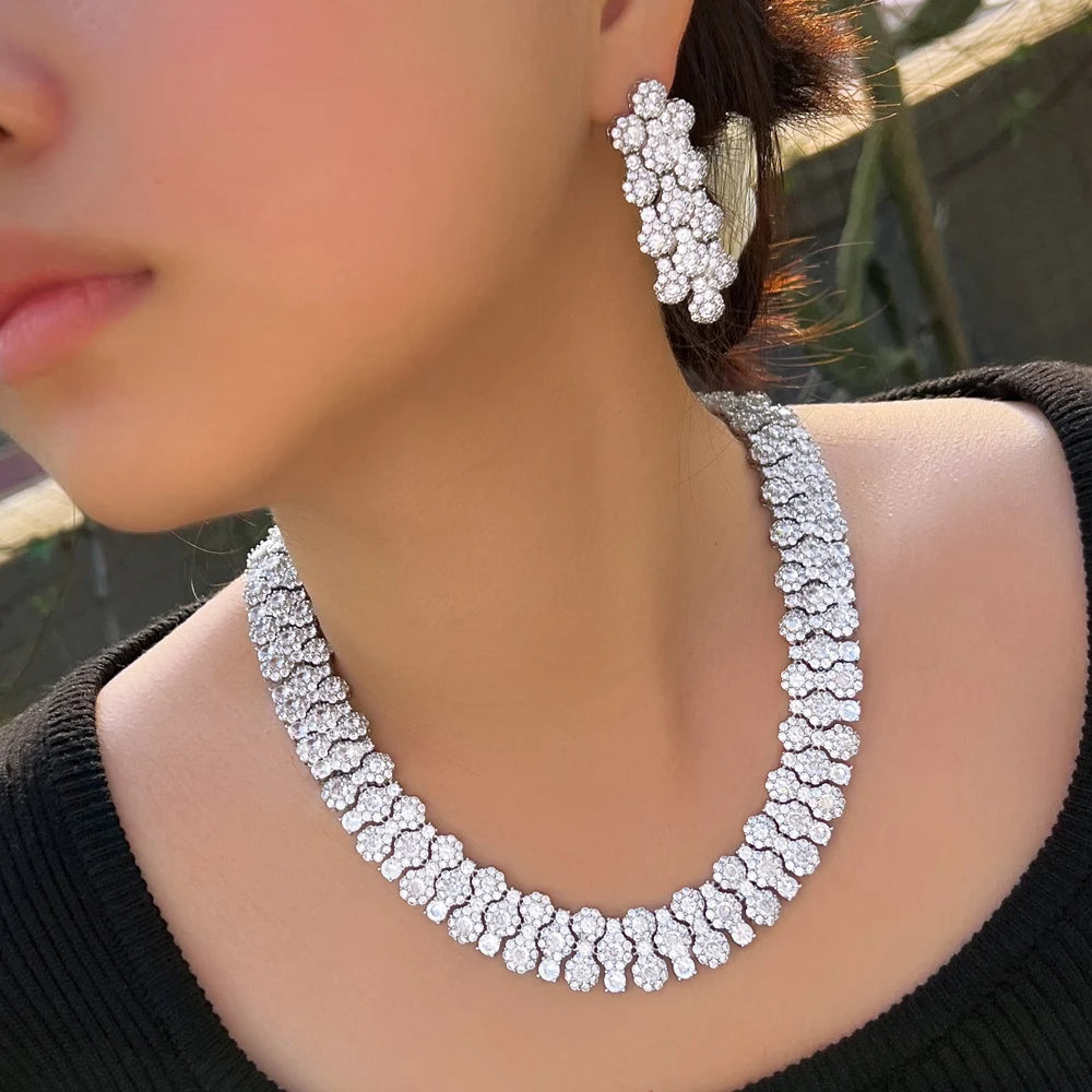 Glamorous Full Cubic Zirconia Pave Round Big Luxury Chunky Wedding Party Necklace Arabic Pakistani Bridal Pageant Jewelry Sets