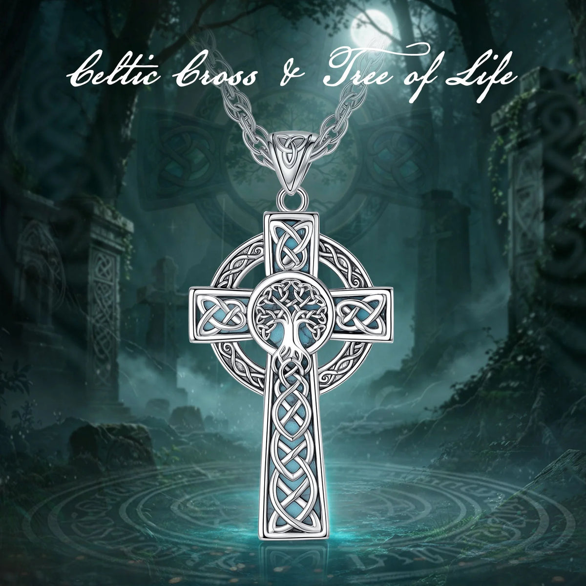 REBEL VIKING Celtic Cross & Tree of Life Pendant – Antiqued Silver & Turquoise
