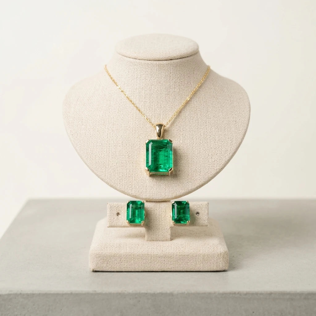 ArtistA 14K Yellow Gold Hydrothermal Lab Green Emerald Stone Necklace and Earring Jewelry Set