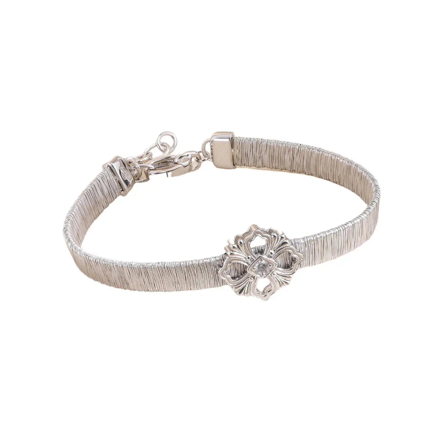 MuShan Jewelry Factory a Pure Silver and Gold Silk Wound Four-leaf Clover Bracelet for Women, Italian Weaving