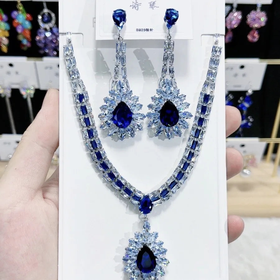 K057 Top Quality Trendy Luxury Classic Water Drop Blue Zircon Necklace Earrings Set Elegant Women's Jewelry Set