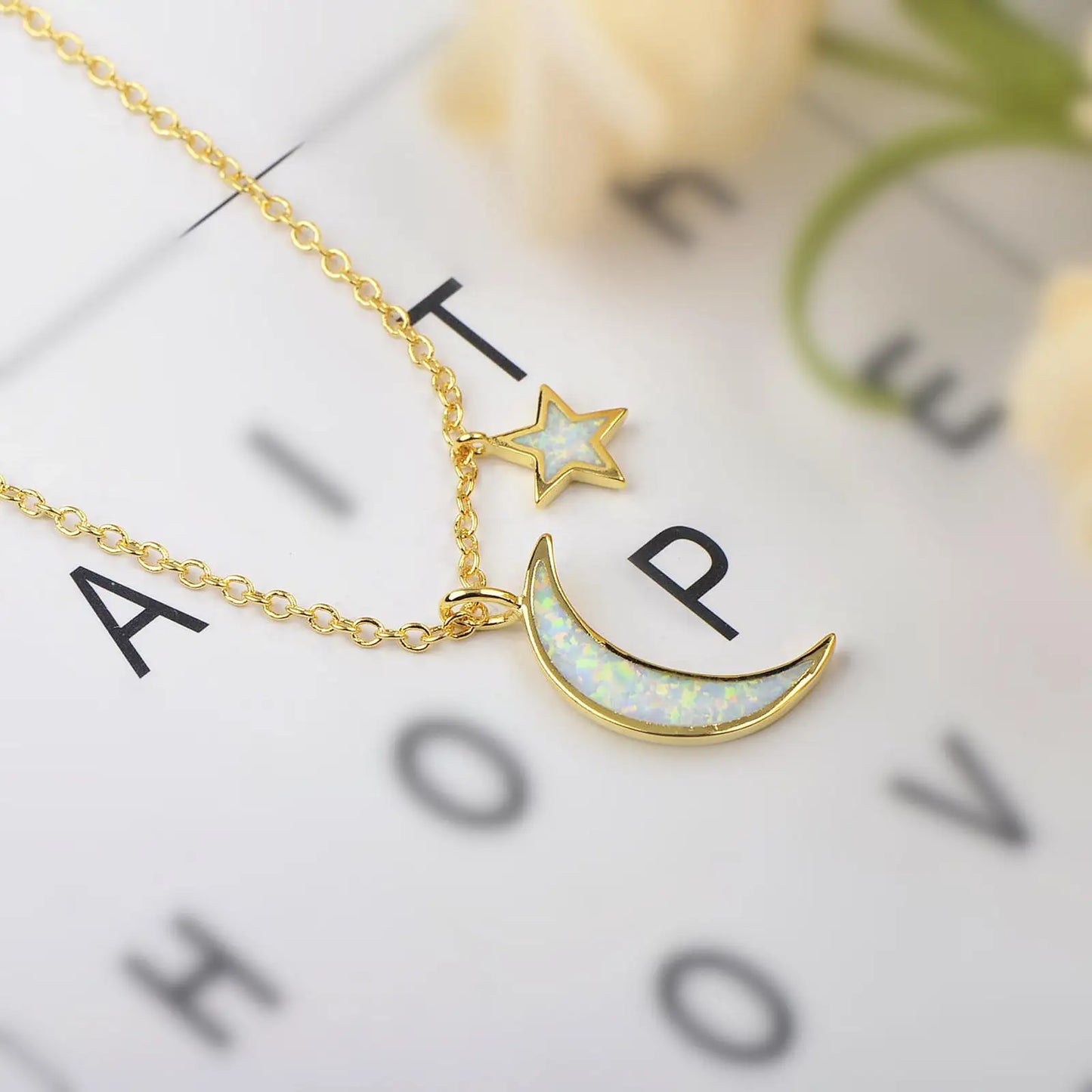 Aobao Moon and Star Necklace, Moon Pendant, Sweater Chain, Opal