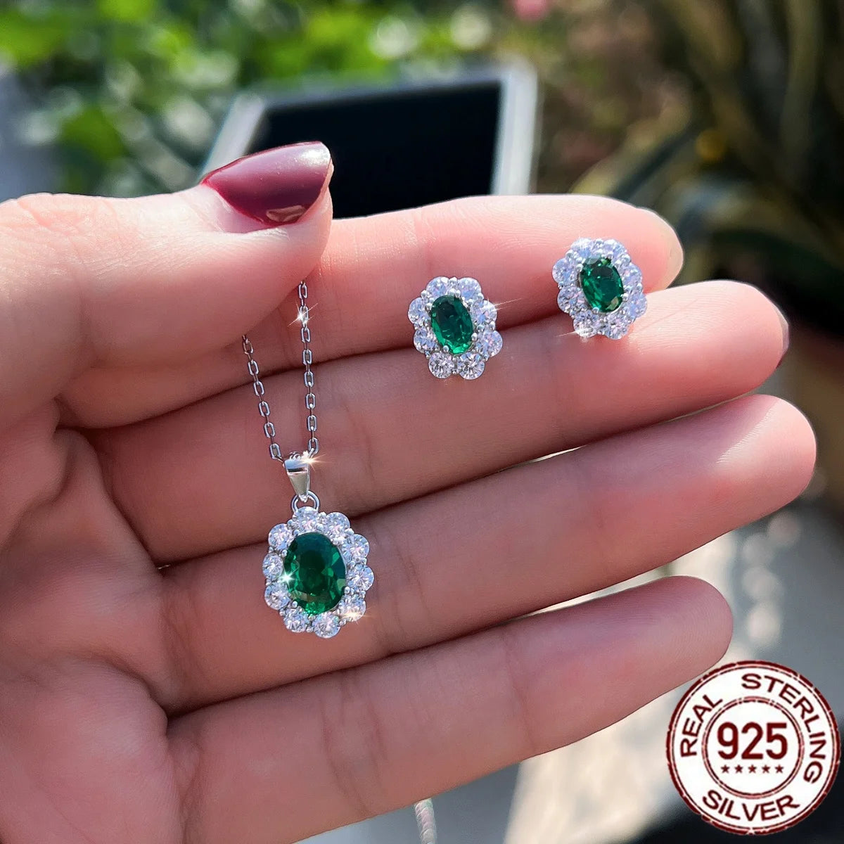 925 Sterling Silver Green Oval CZ Jewelry Set Rhodium Plated Flower Pendant Necklace Stud Earrings Bridal Wedding Engagement
