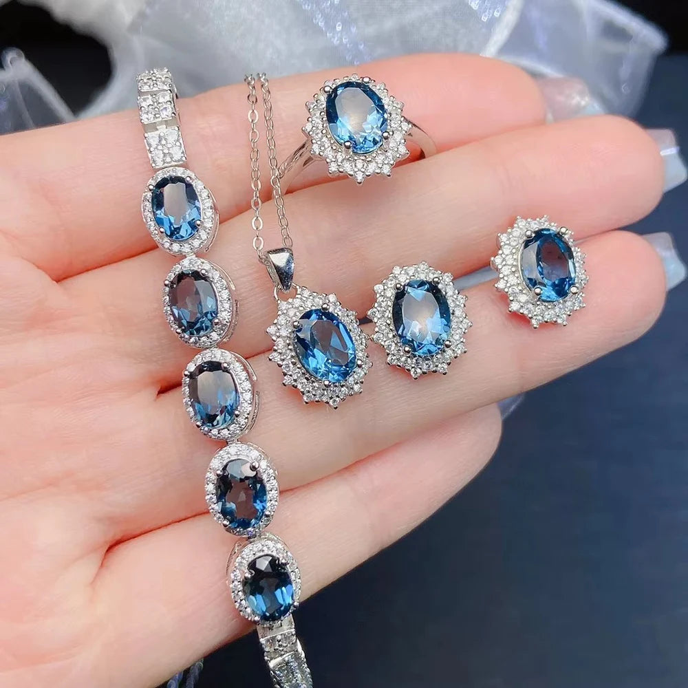 S&S Natural London Blue Topaz Jewellery Set – 925 Sterling Silver – Ring, Pendant & Earrings – Collection