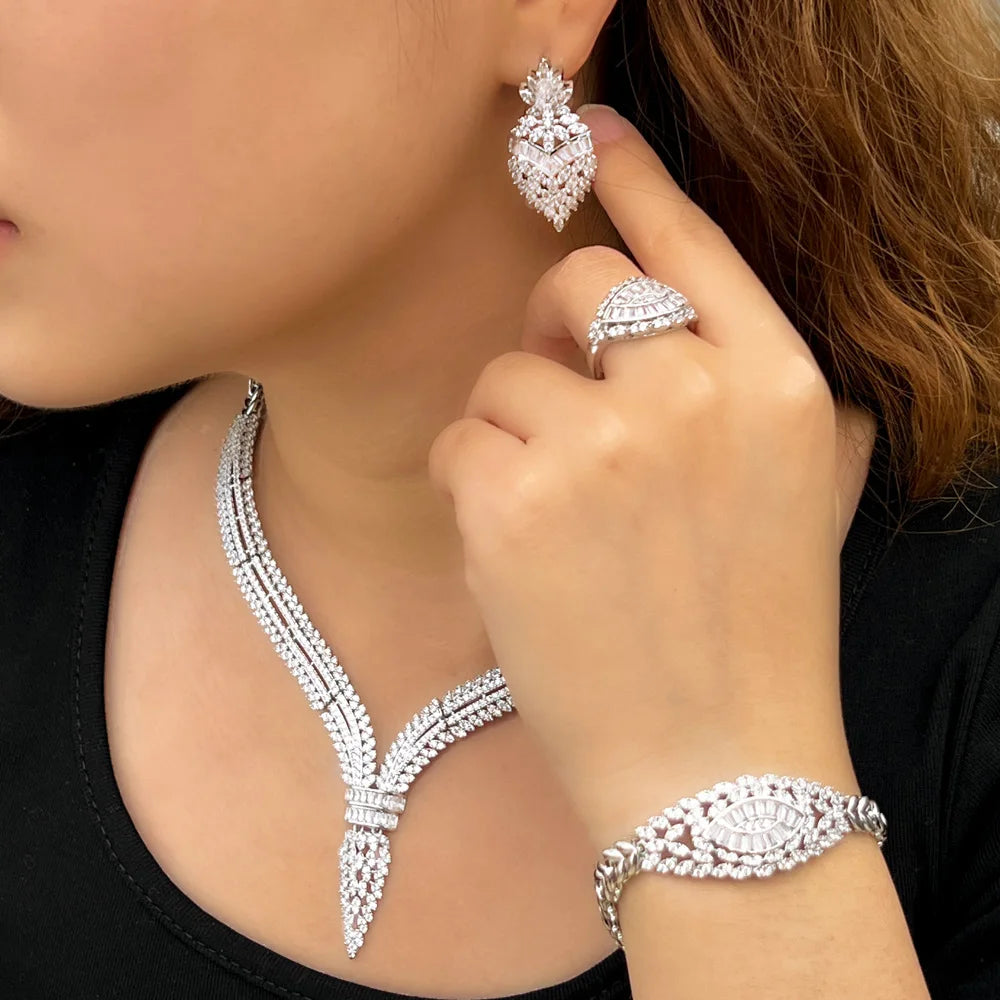 4pcs Elegant Luxury Shiny Cubic Zirconia Women Wedding Costume Necklace Earring Ring Festival Brides Jewelry Sets Accessories