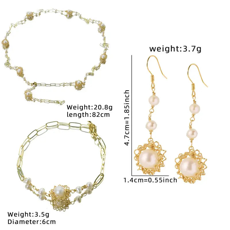 Natural Freshwater Pearl Flower Three-piece Set Luxurious Design Earrings Necklace Bracelet Gift Wedding Banquet GS0217