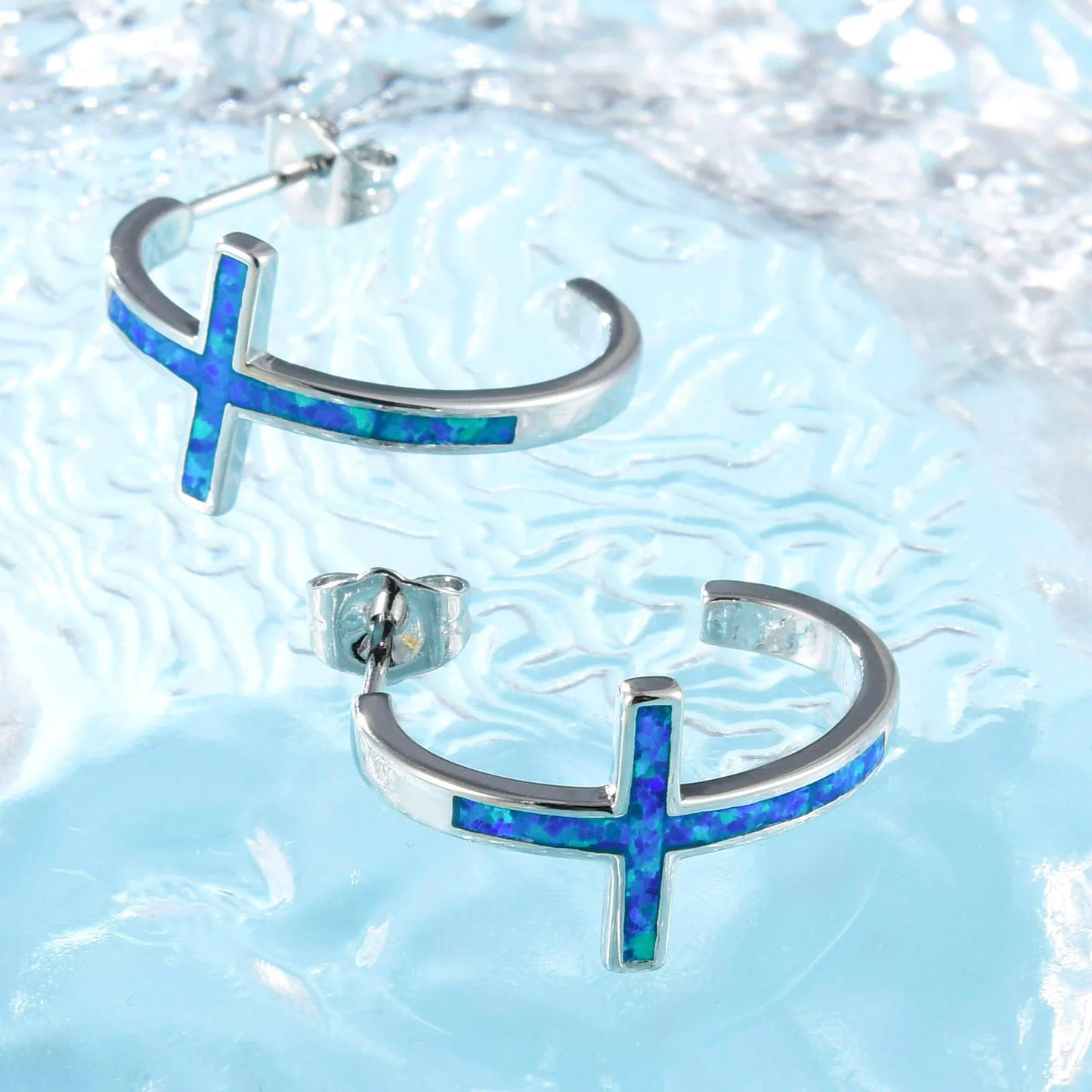 Faith Cross Opal Huggie Earrings - Blue Fire Opal Inlaid Cross Hoop Design | Minimalist Spiritual Jewelry Bulk Gifts