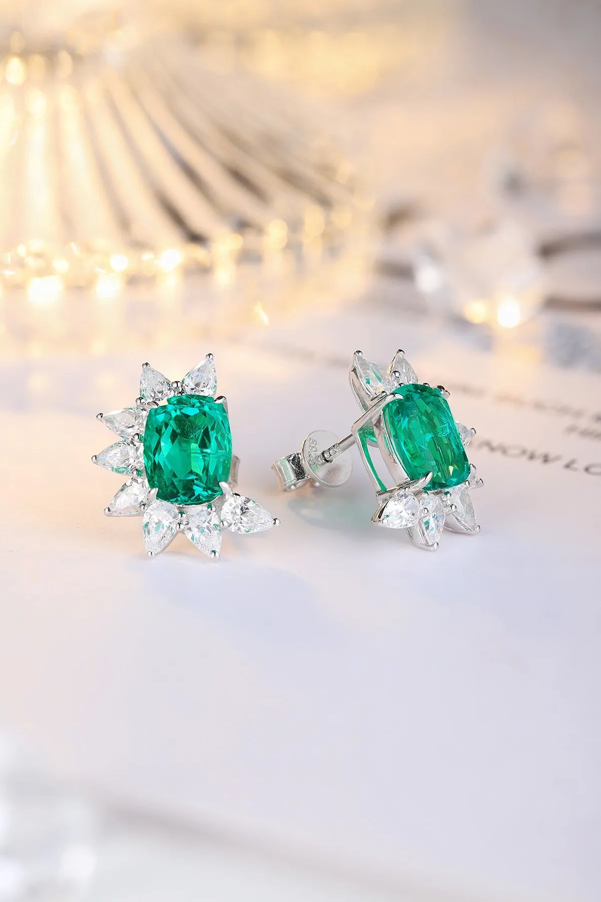 Gemfiori S925 Silver Lab-Grown Diamond Zambian Emerald Trendy Drop Earrings for Wedding & Party