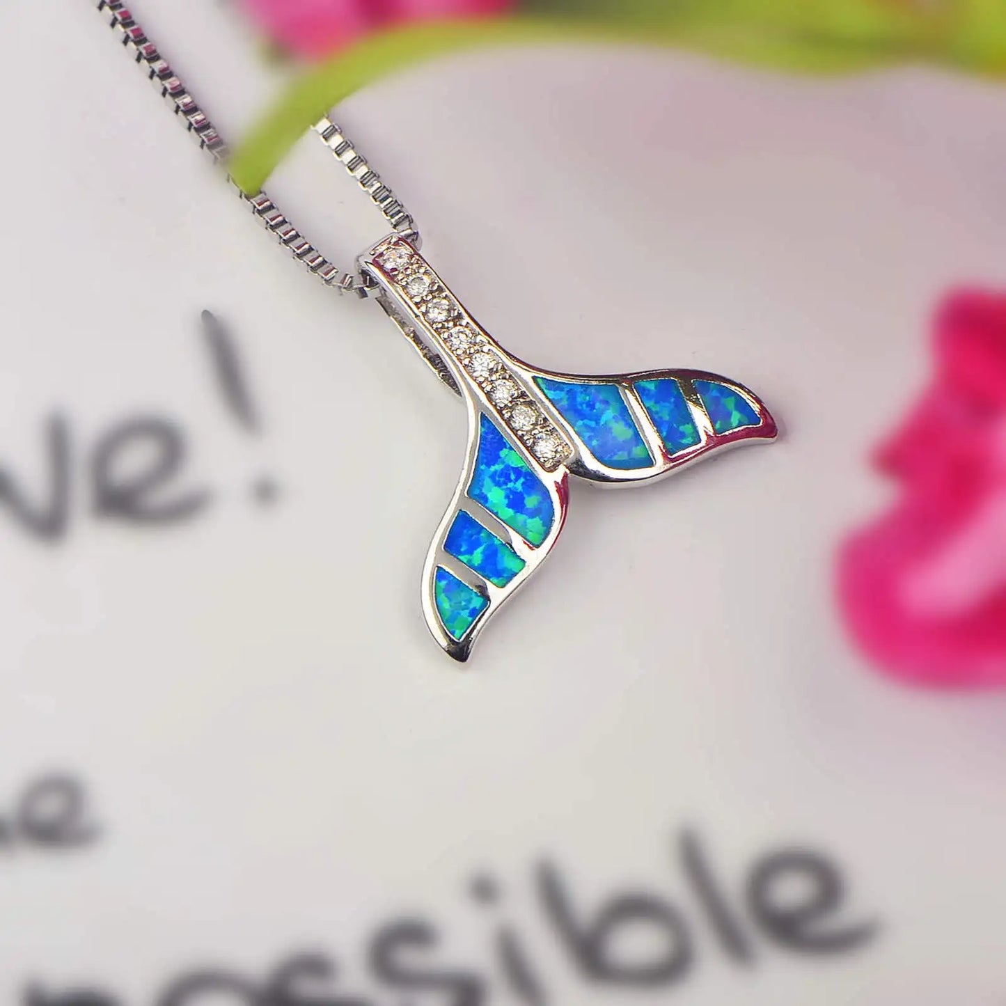 Copper Silver Plated Trendy Christian Hawaiian Animal Blue Opal Whale Tail Fish Tail Pendant Box Chain Anniversary Necklace