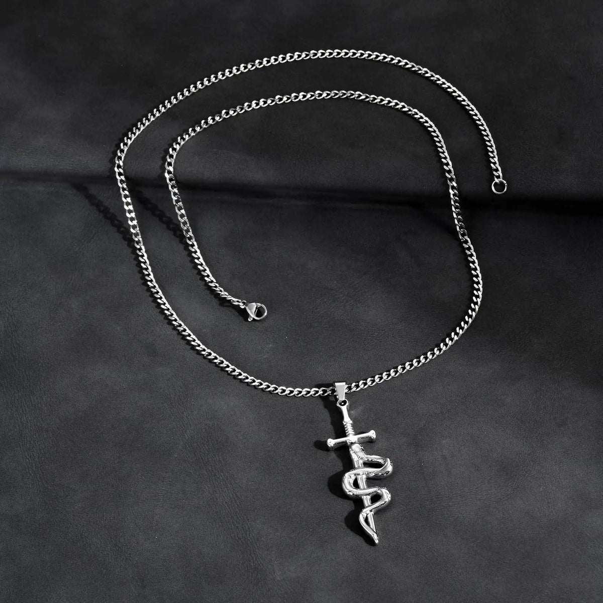 REBEL Men's Stainless Steel Snake Head Necklace Roman Numeral Rectangle Pendant Black Silver Gold Plated Trendy Christian Party GOLDIX