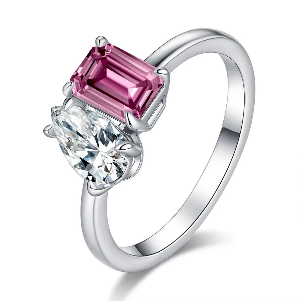 ArtistA Fancy Cut Full Moissanite Jewelry S925 Silver PT950 Platinum Plated Emerald & Pear Cut Two Diamonds VVS GRA Moissanite Rings