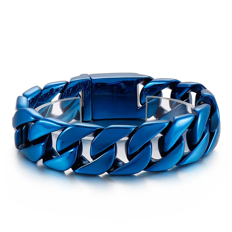 KALEN 215/220/230mm Blue/Rainbow Stainless Steel Hip-hop Cuban Link Bracelets
