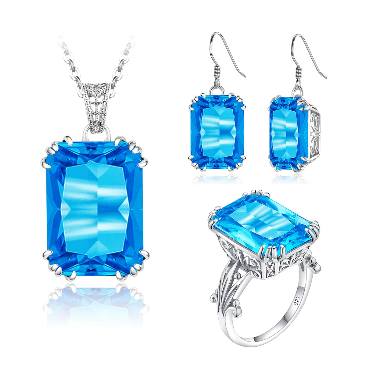 ArtistA Sapphire Blue Stone Zircon Crystal Sterling Silver Jewelry Sets for Women Retro Crown Ring Pendant Earring for Party Engagement