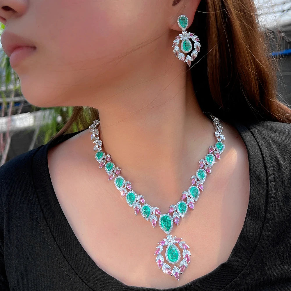 Bohemian Glamorous Necklace Earrings Shiny Light Green Ice Out Cubic Zirconia Wedding Party Jewelry Set for Women Anniversary