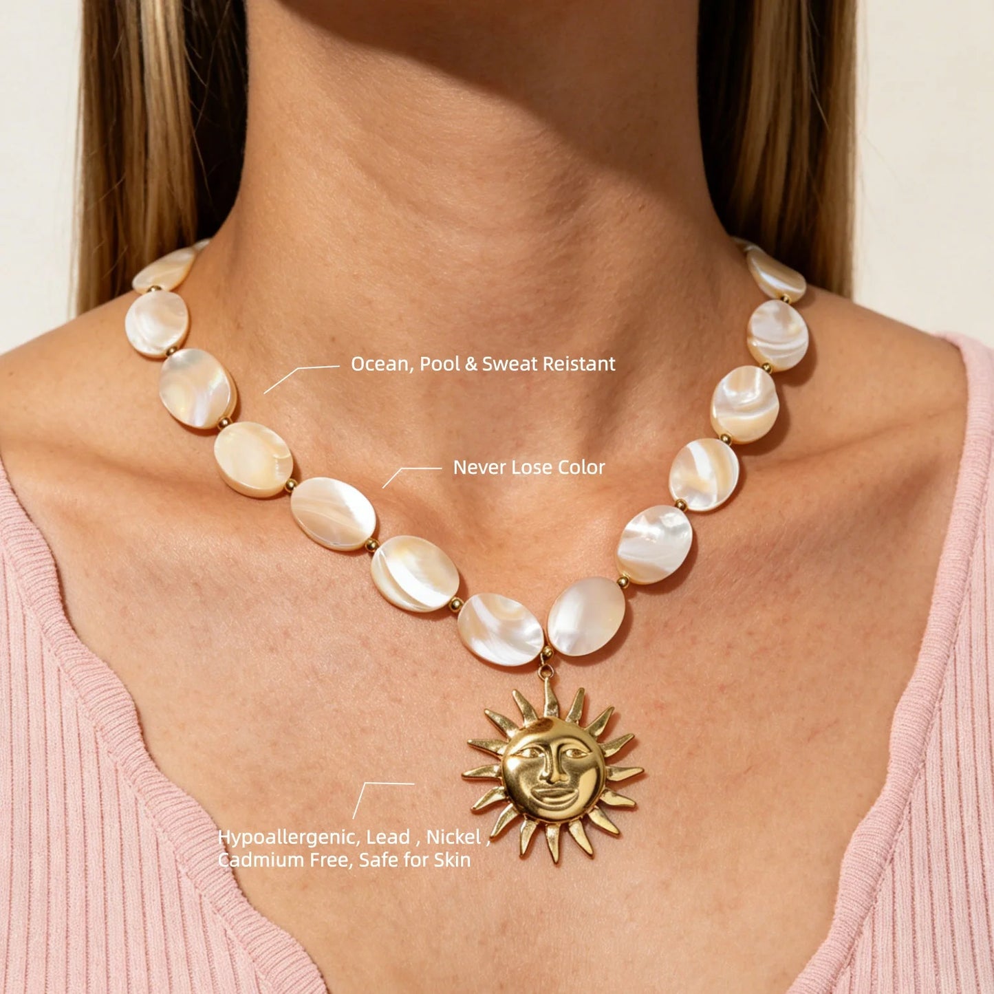 Joolim PVD Plated Wholesale Waterproof Fashion Boho Sun Face Pendant Natural Shell Bead Chain Necklace Stainless Steel Jewelry