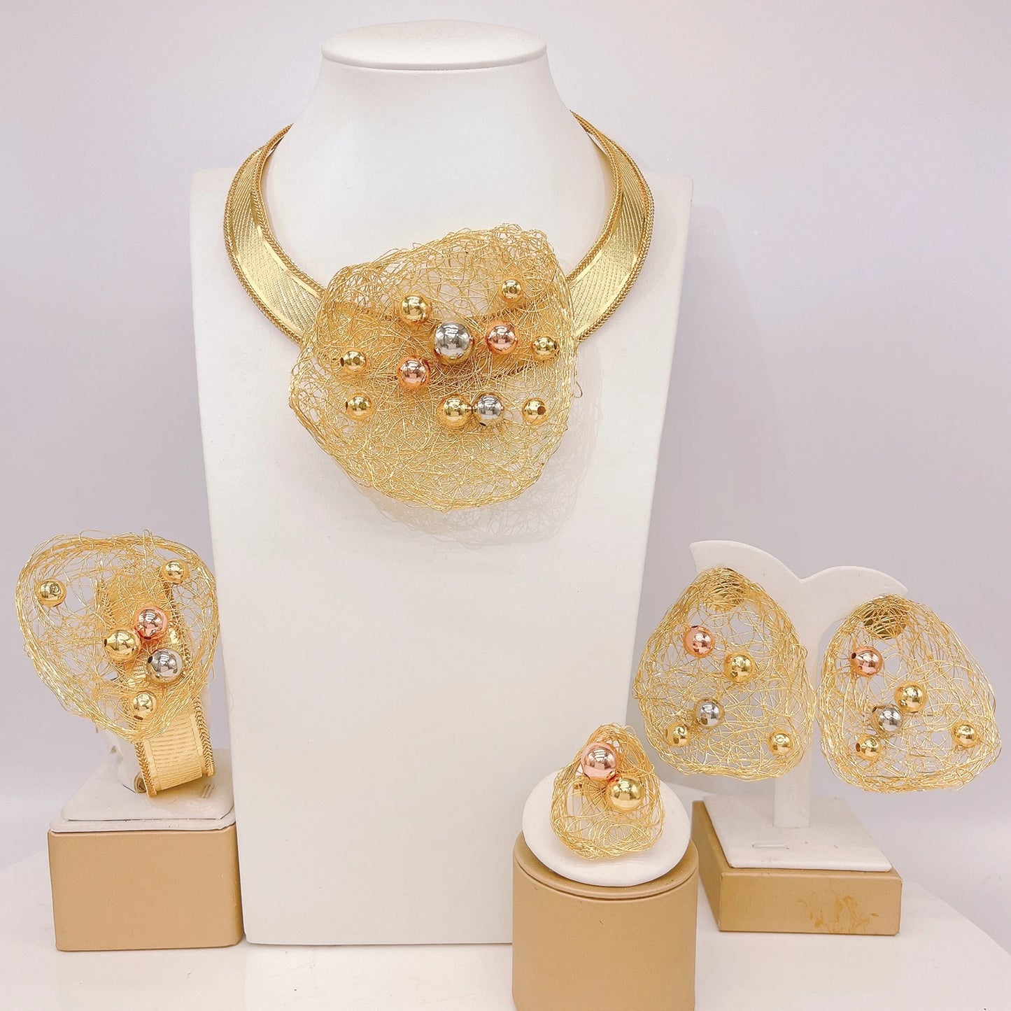 Brazilian Gold Handcrafted Jewelry Set Nigerian Italian Jewelry Sets Woman Wedding Necklace Bracelet Earrings Ring Charm Jewelry