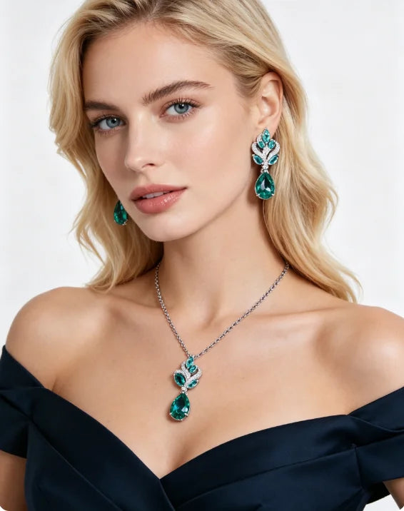 Chic Korean Style Bright Blue Waterdrop CZ Cubic Zircon Crystal Leaf Pendant Necklace Earrings Ladies Jewelry Set Gift Silver