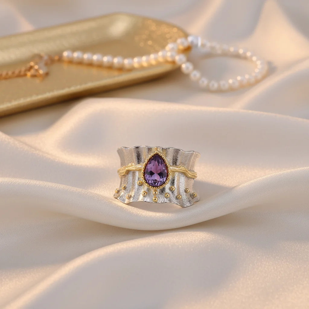 Special Big Amethyst Stone 925 Sterling Silver Ring with White Rhodium Plated