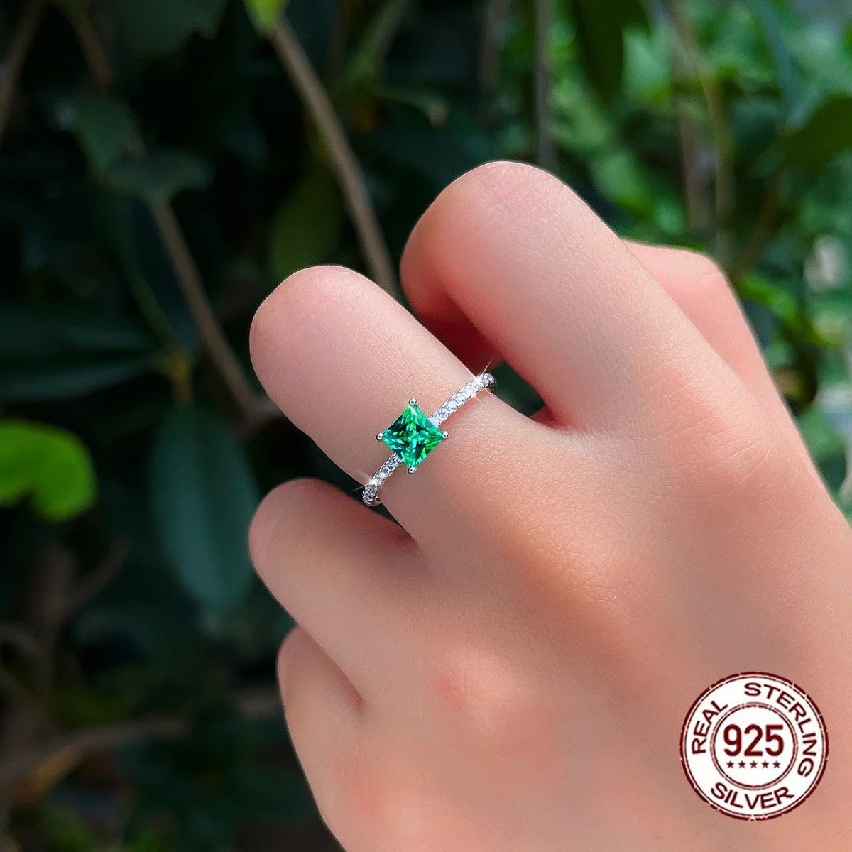 S&S 925 Sterling Silver 5mm Emerald-Cut Green CZ Engagement Ring – Rhodium Plated – Collection