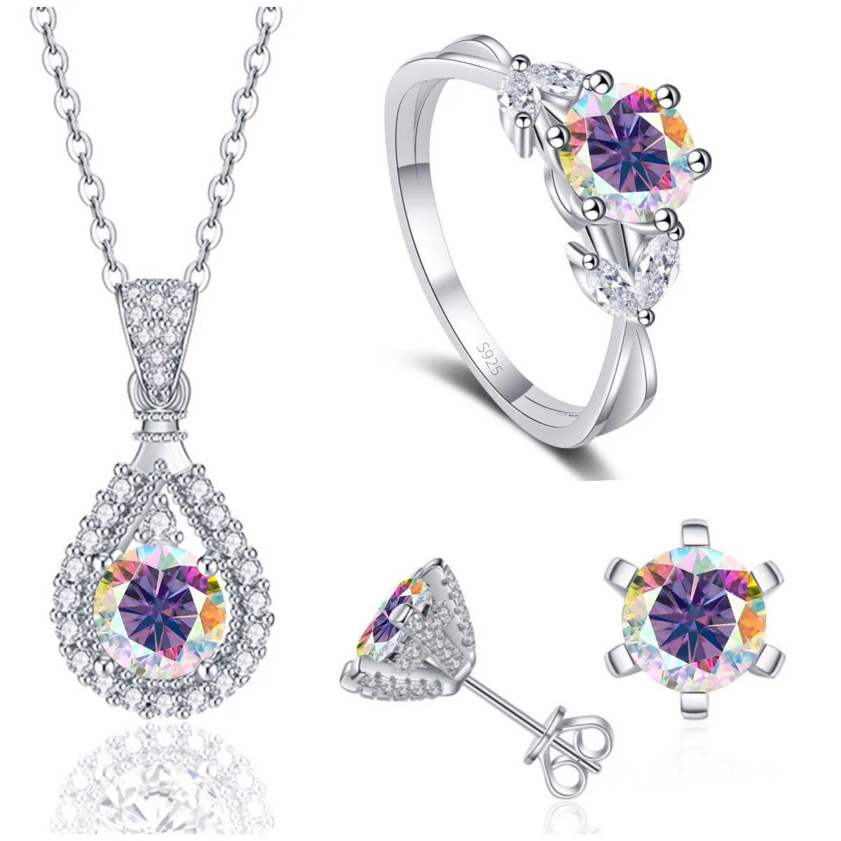 REDheart Fine 925 Sterling Silver Women's Wedding Bridal Jewellery Set Round Cut VVS Colored Moissanite Rings Necklace and Earrings Set