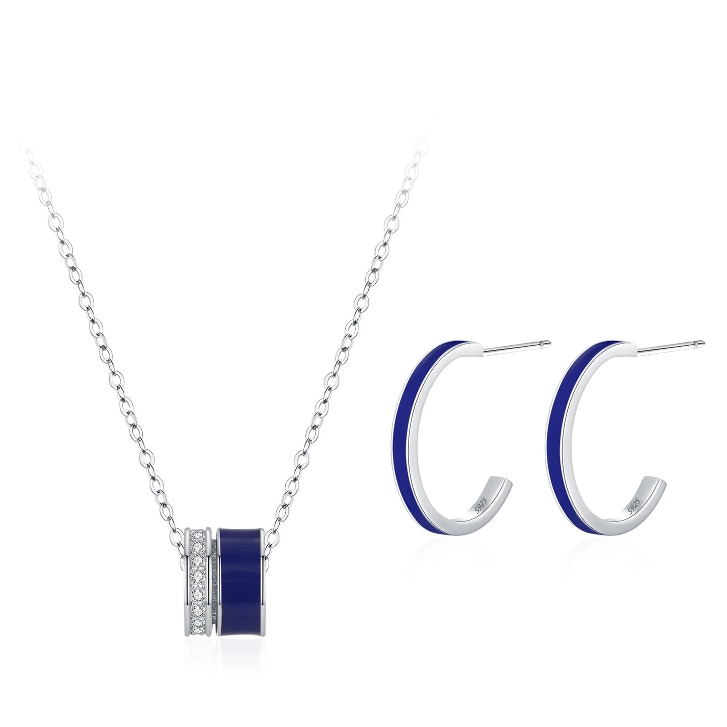 Ailmay Luxury 925 Sterling Silver Blue Enamel Stud Earrings Pendant Necklace for Women Fashion Jewelry Set Gift