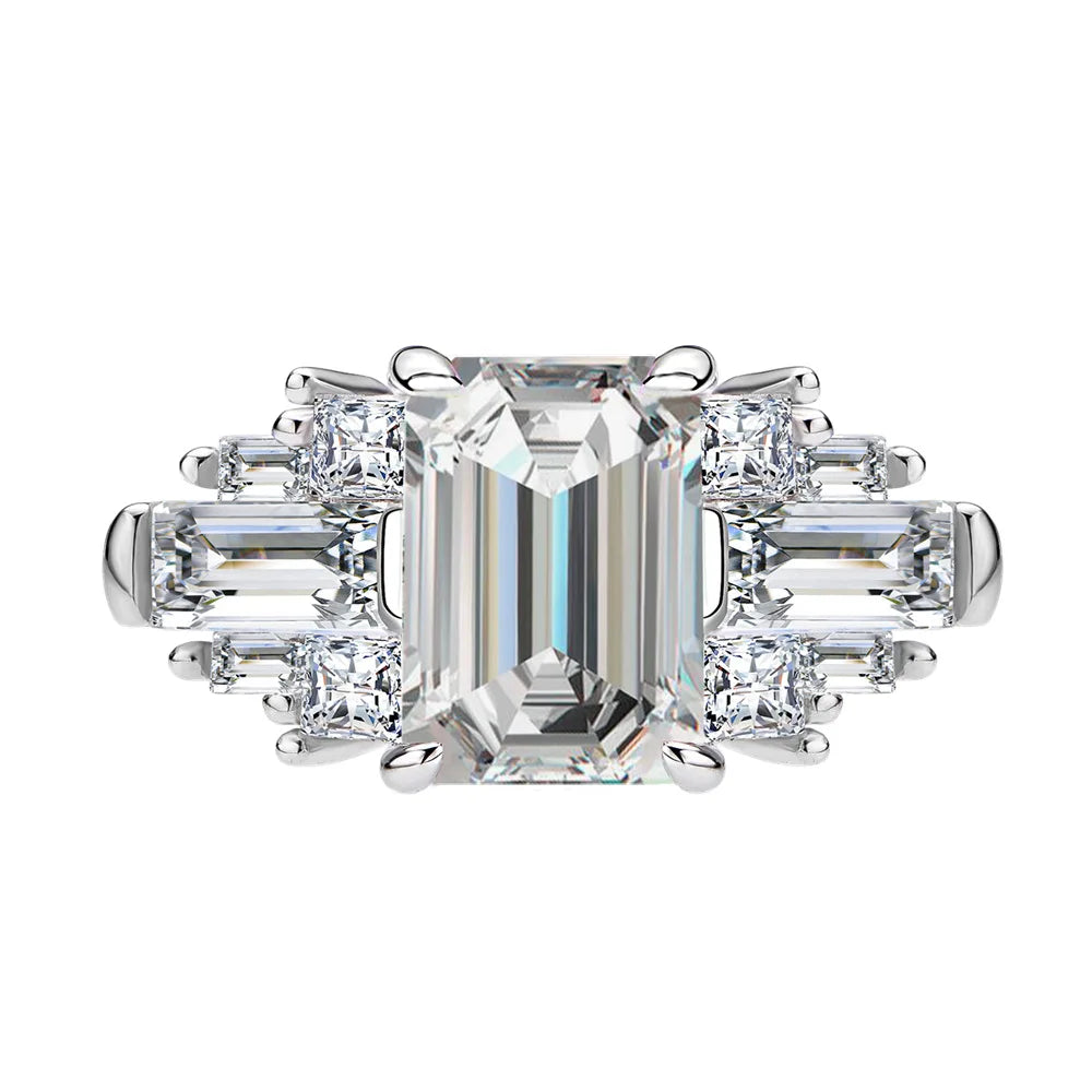 SILVERELLI 8×10mm Emerald Cut High Carbon Diamond Ring | 925 Silver | Platinum Plated