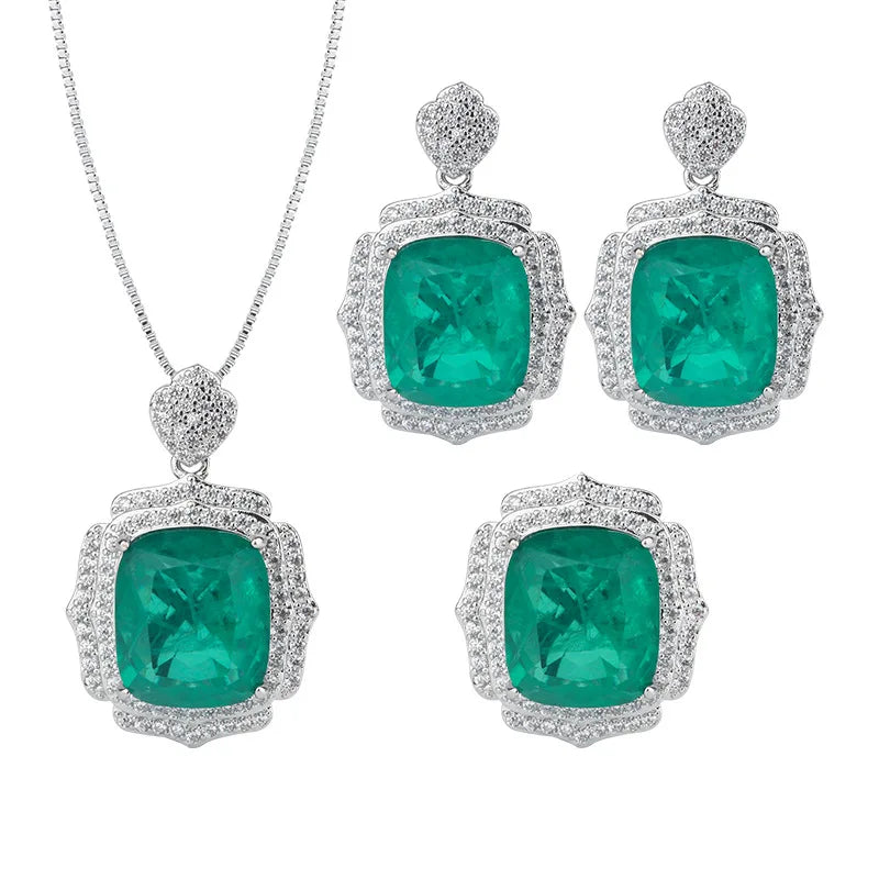 Gemfiori New Luxury Rectangle Cut Simulated Emerald Jewelry Set Platinum Plated Zircon Pendant Necklace Ring Drop Earring Wedding Jewelry