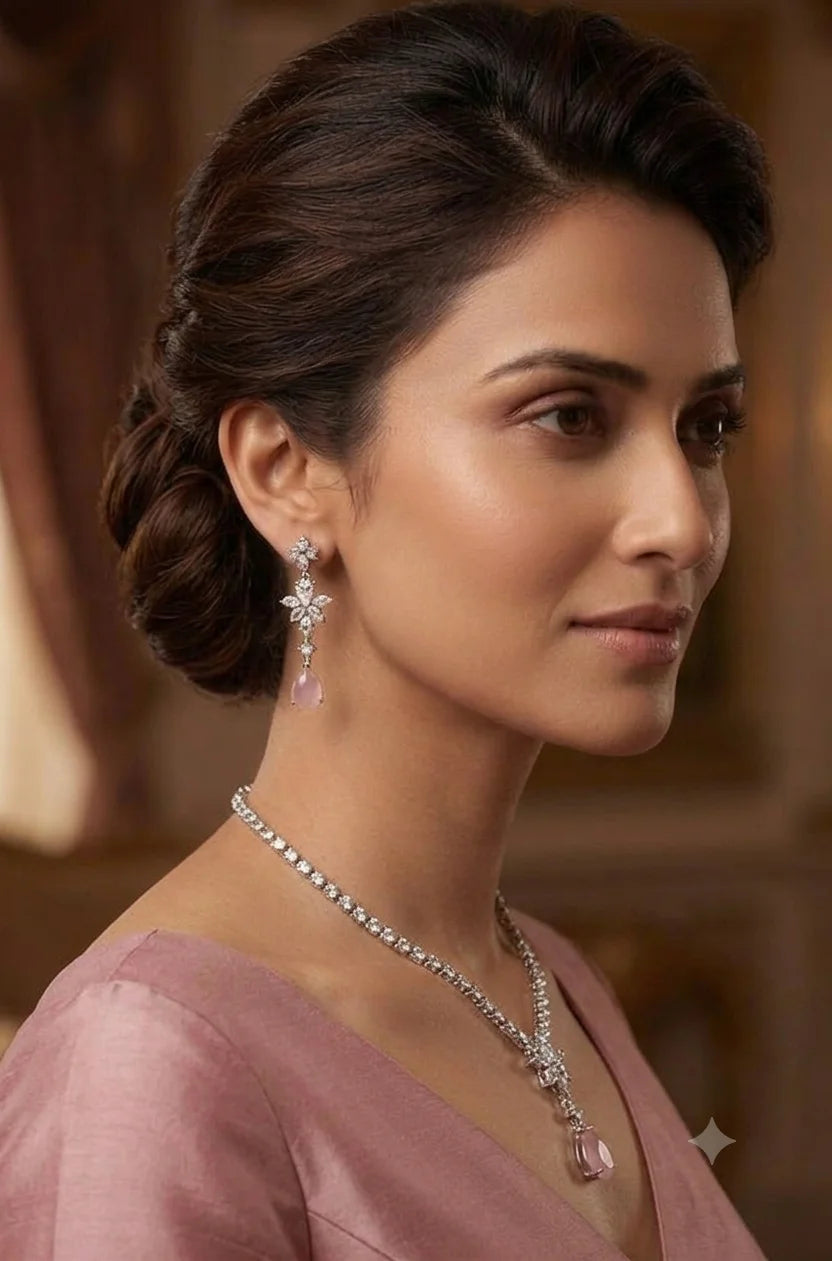 Luxury Pink Floral Drop AD Silver Necklace Set Premium Wedding Party Wear Jewelry with Matching Earrings for Women Set