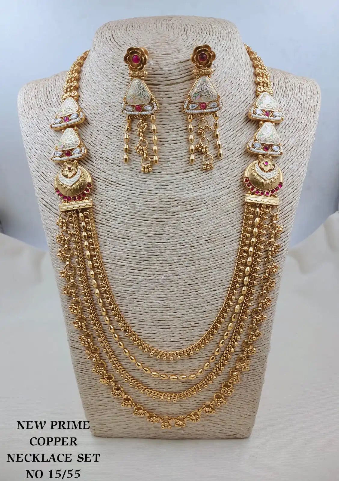 Royal Heritage Multi Layer Temple Necklace Set Antique Gold Floral Long Necklace with Earrings Wedding Jewelry Set