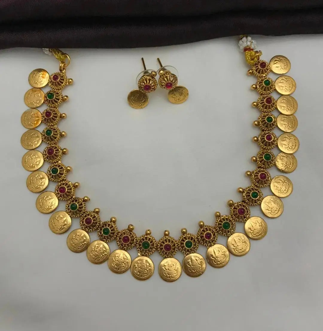 Designer Antique Gold Coin Necklace Temple Lakshmi Ruby Stone Ethnic Bridal Wedding Party Wear Jewelry Wholesale Set For Women's