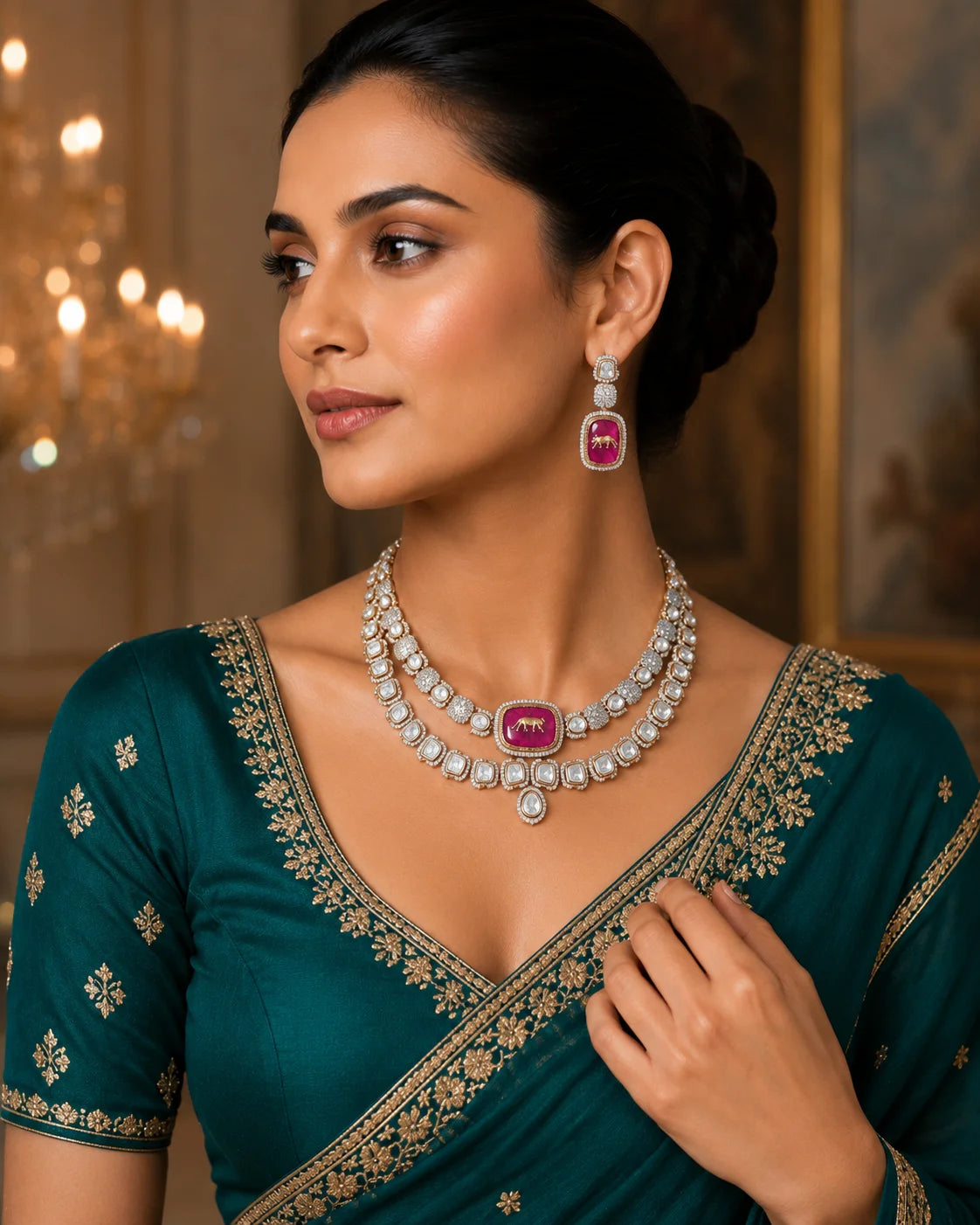Luxury CZ Kundan Necklace Set for Women Gold Plated Bridal Wedding Party Designer Jewelry with Earrings Pink Pendant For Women