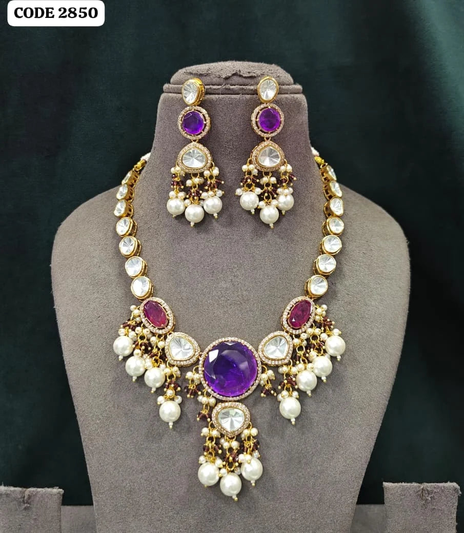 Luxury Pink Crystal Kundan Statement Necklace Set with American Diamond Pearl Gold Plated Bridal Wedding Party Jewelry Set