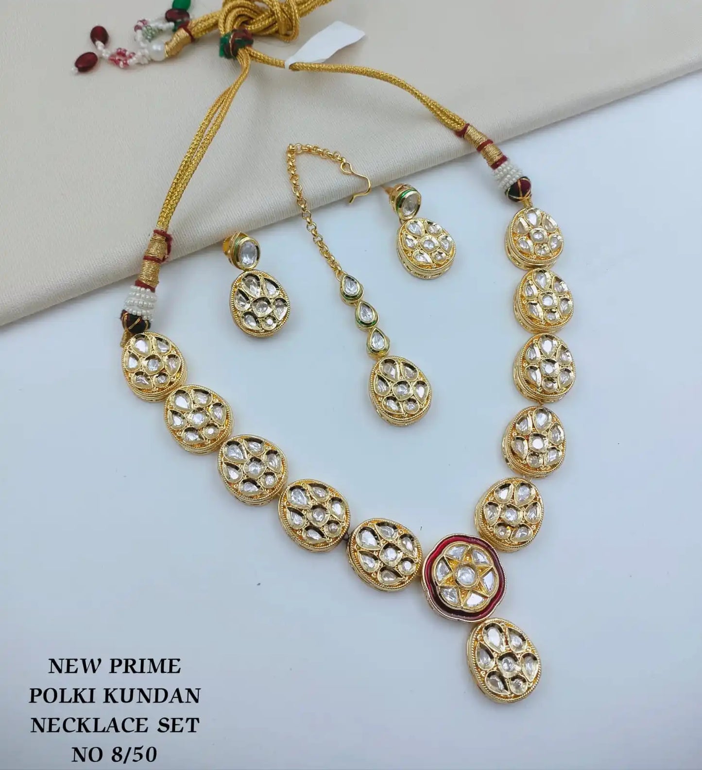 Luxury Prime Polki Kundan Bezel Setting Gold Plated Necklace Set Earrings Maang Tikka Traditional Bridal Wedding Jewellery Set