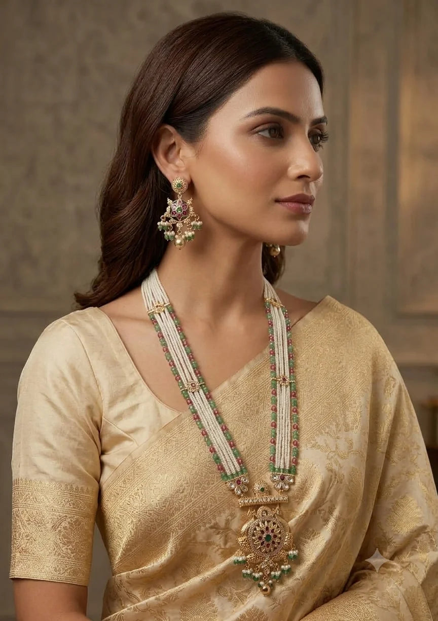 Luxury Antique Gold Green Pearl Beaded Long Pendant Necklace Set with Matching Earrings Traditional Copper Bridal Jewelry Set